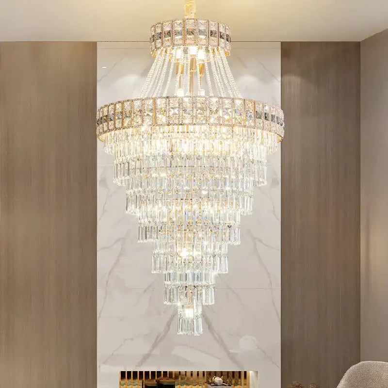 Modern gold duplex villa crystal chandelier with cascading clear glass prisms for staircase living room lighting
