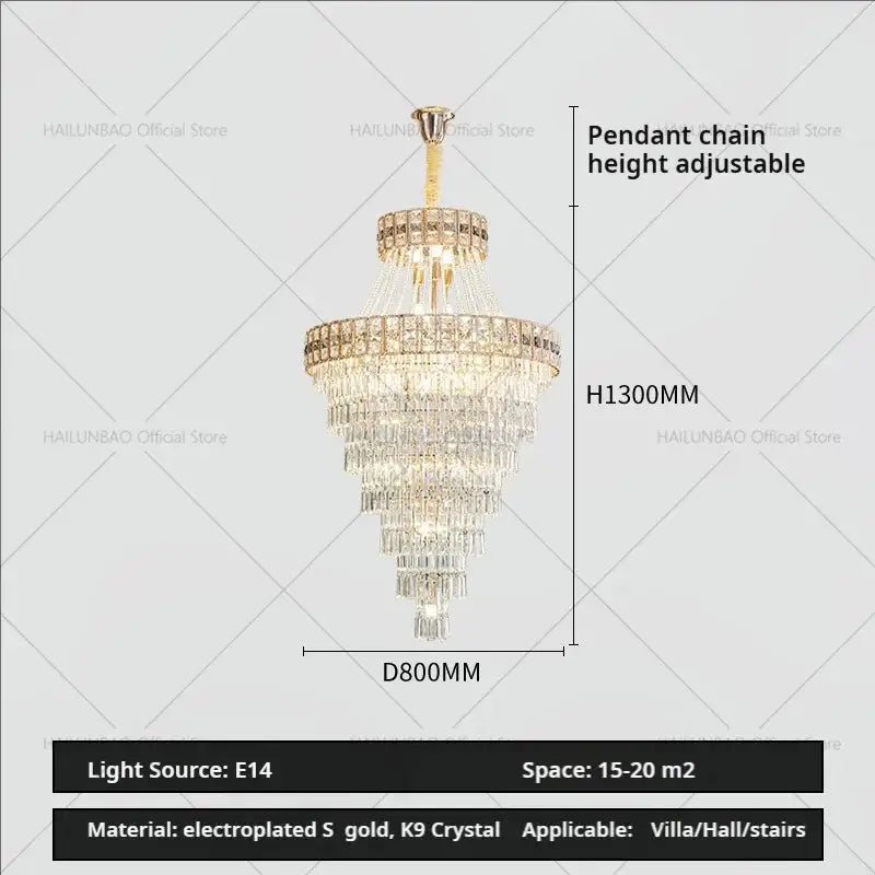 Modern gold duplex villa crystal chandelier with cascading strands and electroplated frame for elegant hall lighting