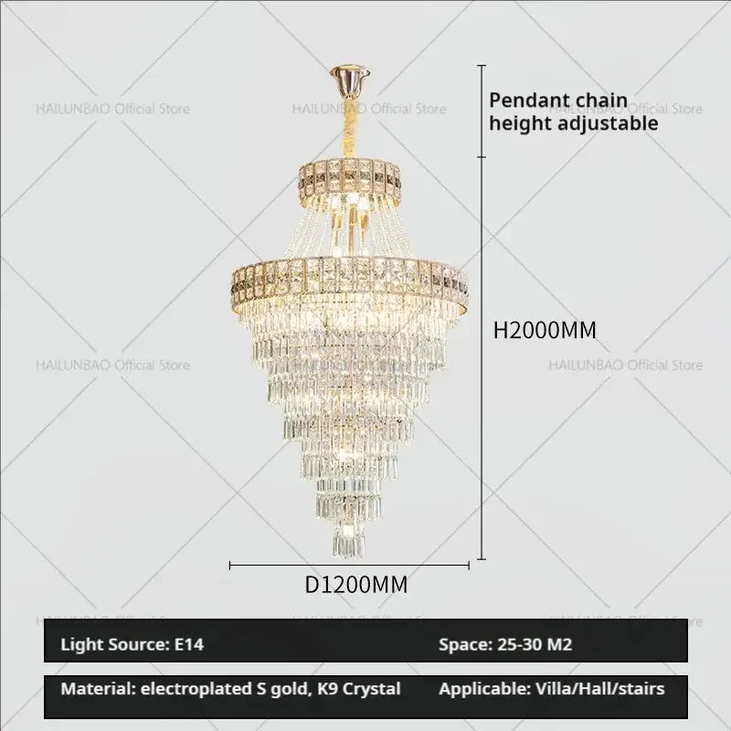 Modern gold duplex villa crystal chandelier with electroplated frame and cascading k9 crystal prisms for staircase living room