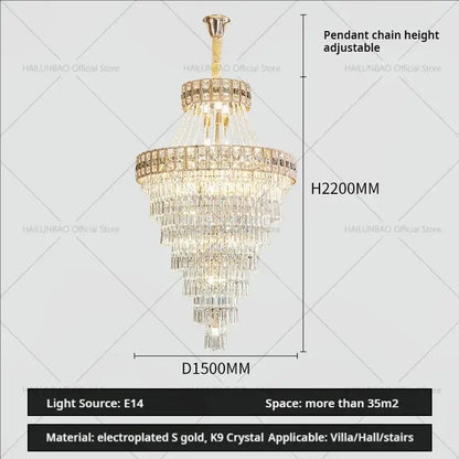 Modern gold duplex villa crystal chandelier with cascading crystal strands and electroplated gold finish for staircase