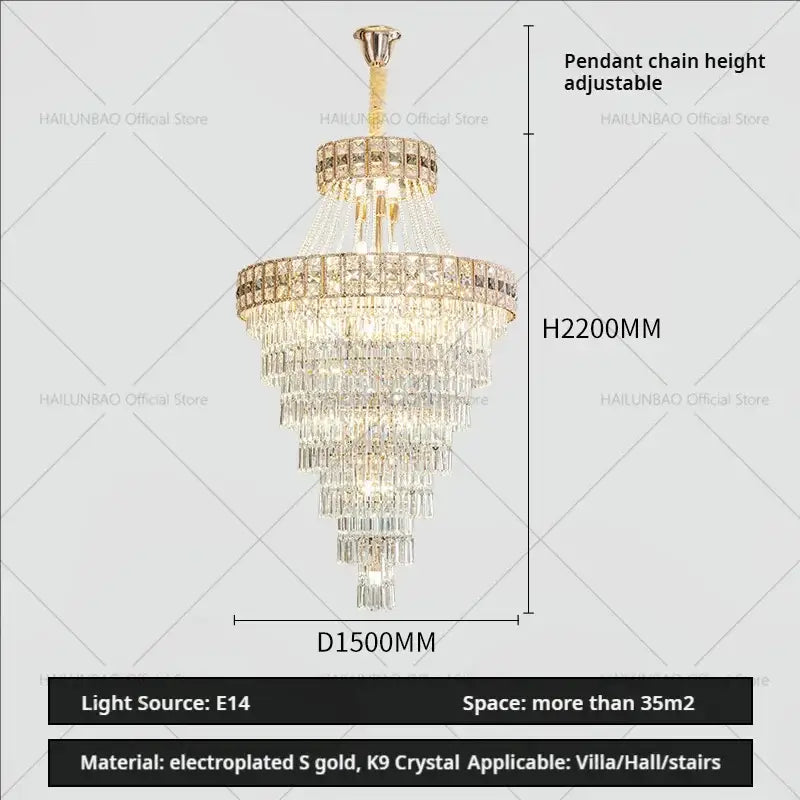 Modern gold duplex villa crystal chandelier with cascading crystal strands and electroplated gold finish for staircase