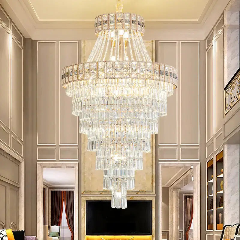 Modern gold duplex villa crystal chandelier with cascading clear glass prisms for staircase living room decor