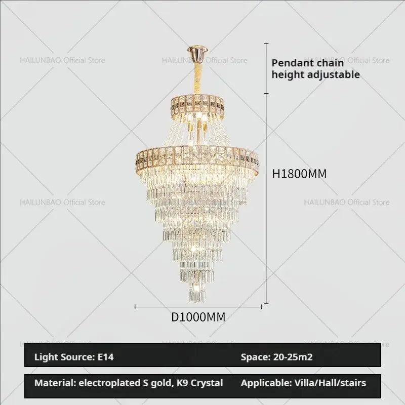 Modern gold duplex villa crystal chandelier with electroplated gold accents and k9 crystals for elegant lighting