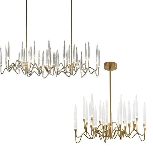 Modern gold elegant candle shape ceiling chandelier with clear glass shades and wavy metal frame for living room decorbites elegant candle
