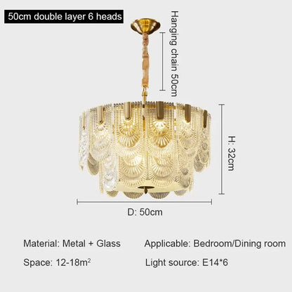 Modern gold elegant crystal chandelier with double fan glass tiers and six e14 light sources by decorbites elegant crystal