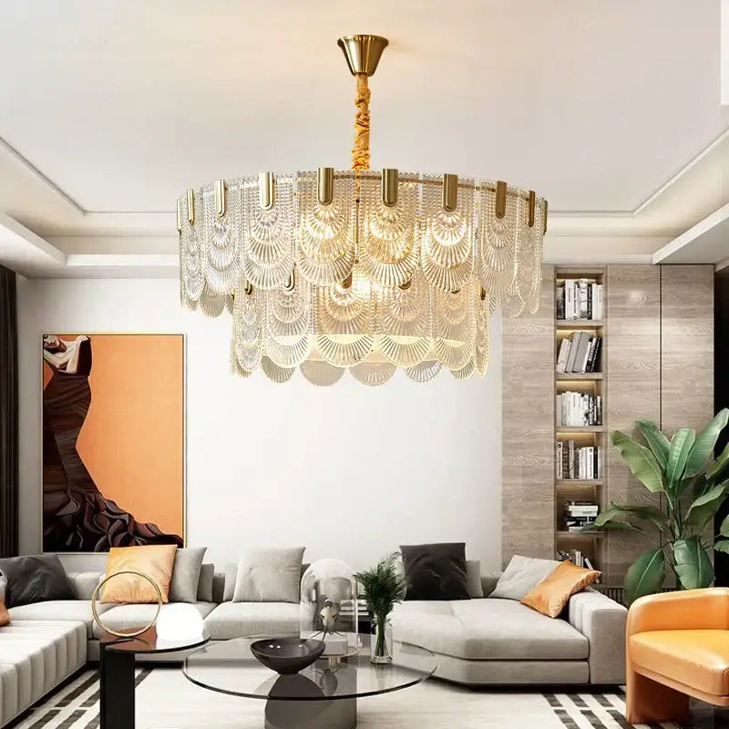 Modern gold elegant crystal chandelier with fan-shaped clear glass tiers by decorbites elegant for living room decor