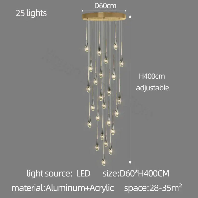 Modern gold elegant crystal chandelier with 25 led lights cascading from aluminum and acrylic base decorbites elegant crystal
