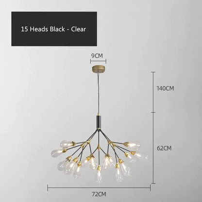 Modern gold elegant firefly chandelier with 15 clear glass bulbs, black metal arms, and brass ceiling mount by decorbites elegant firefly