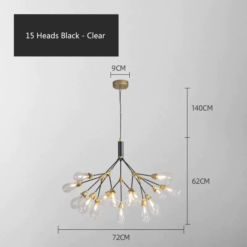 Modern gold elegant firefly chandelier with 15 clear glass bulbs, black metal arms, and brass ceiling mount by decorbites elegant firefly