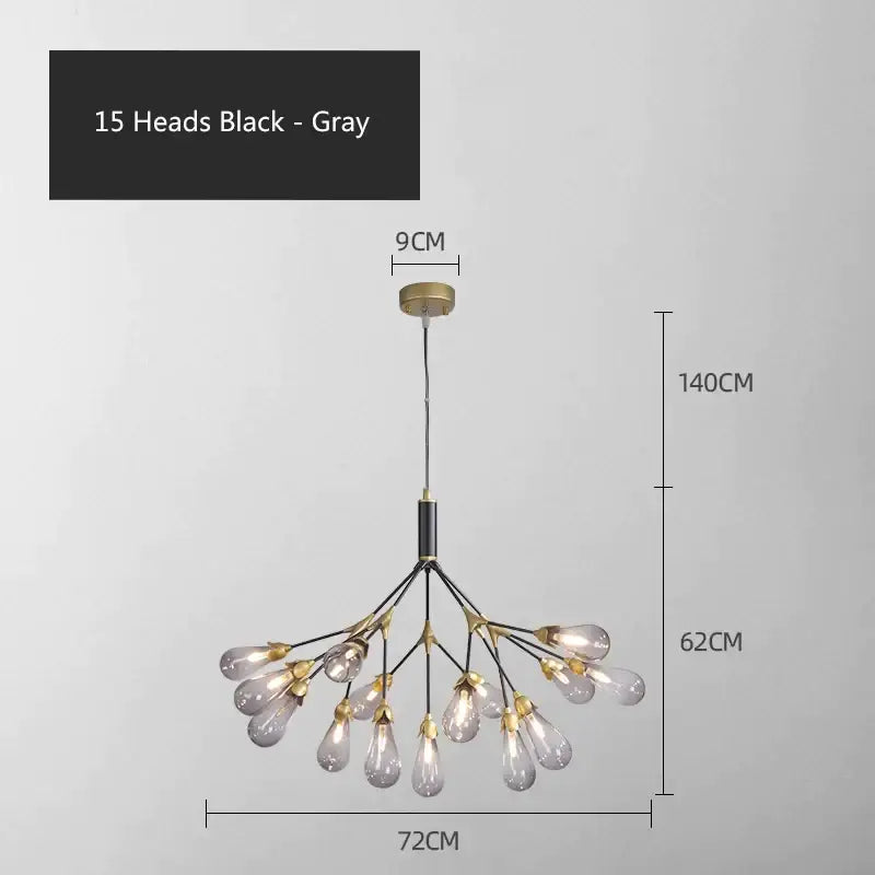 A modern 15-head decorbites elegant firefly chandelier with black and gray metallic arms and gold-toned accents