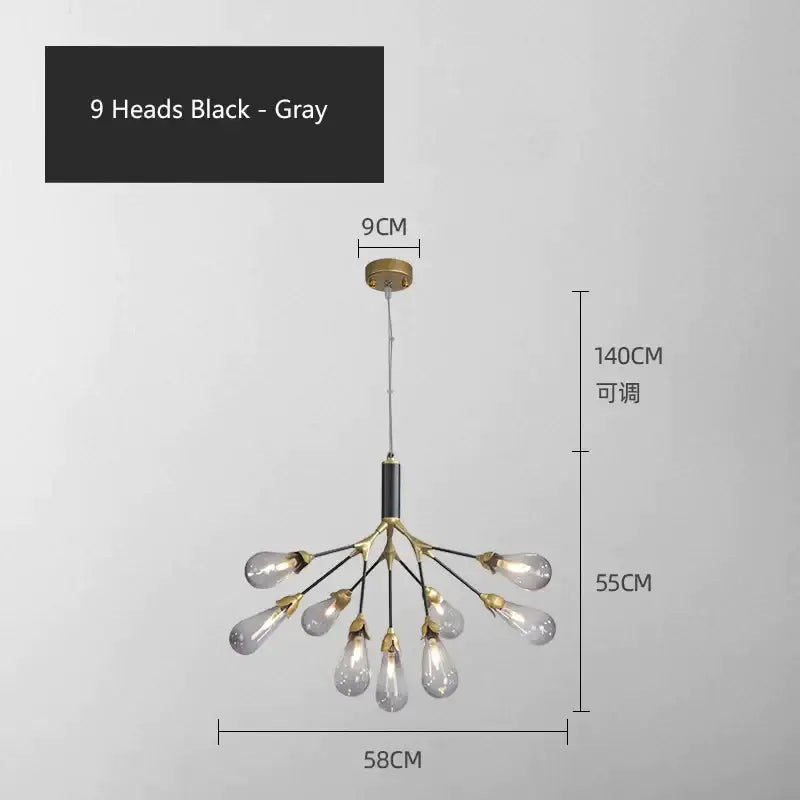 Black and gray modern decorbites elegant firefly chandelier with nine teardrop glass bulbs and brass hub for dining rooms