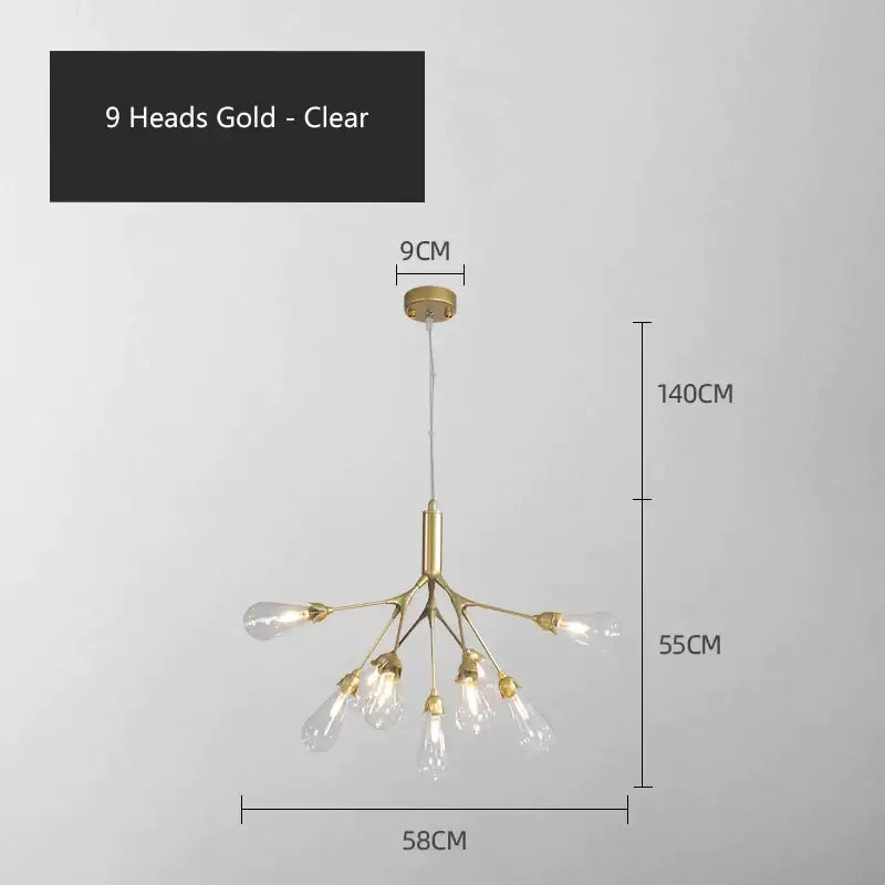 Modern gold elegant firefly chandelier with nine clear glass bulb heads in a branching design for dining room decorbites elegant firefly