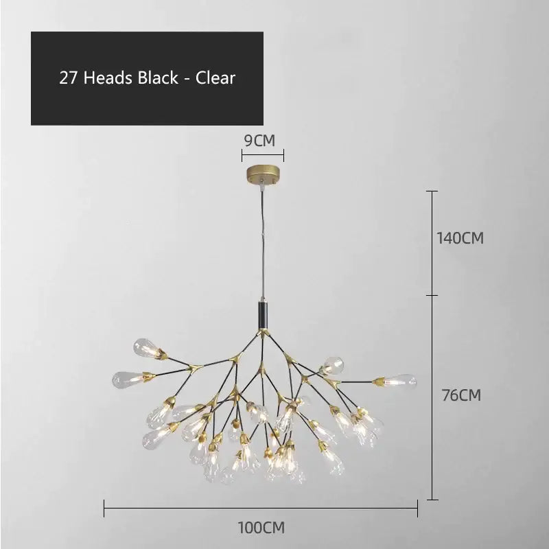 Modern gold elegant firefly chandelier with 27 clear glass bulbs and black metal arms from decorbites elegant firefly collection