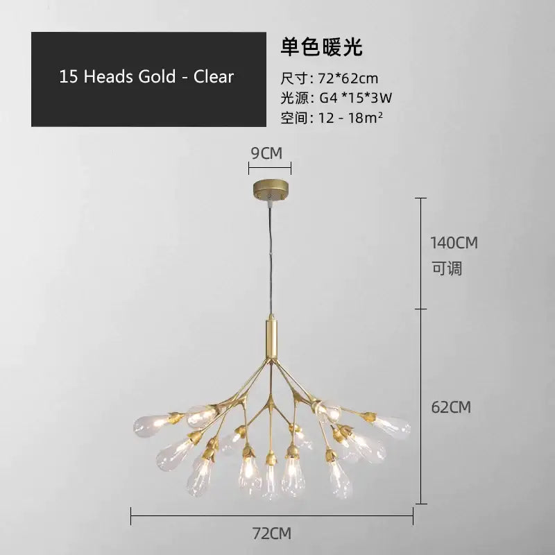 Modern gold elegant firefly chandelier with 15 clear glass bulbs in a branching design for dining room decorbites elegant firefly
