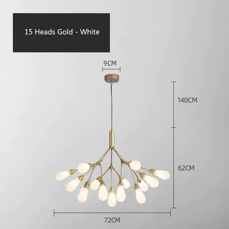 Modern gold elegant firefly chandelier with fifteen white teardrop glass lights in a branching design for dining room decorbites elegant firefly