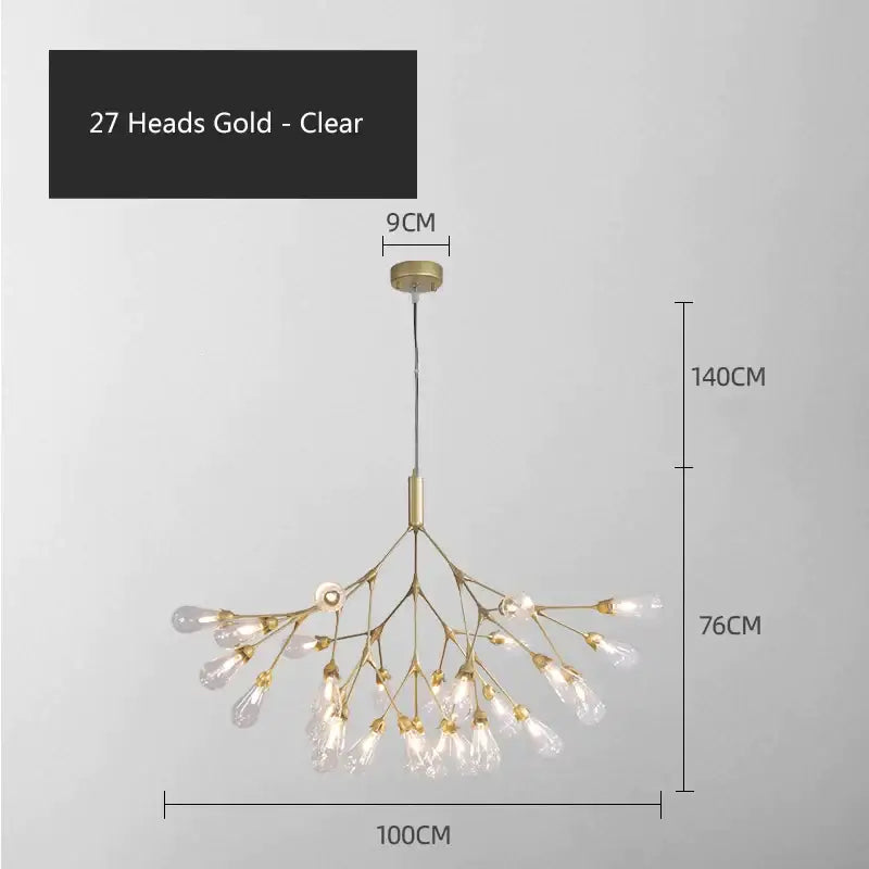 Modern gold elegant firefly chandelier with 27 clear glass bulbs in a branching design for dining room decorbites elegant firefly