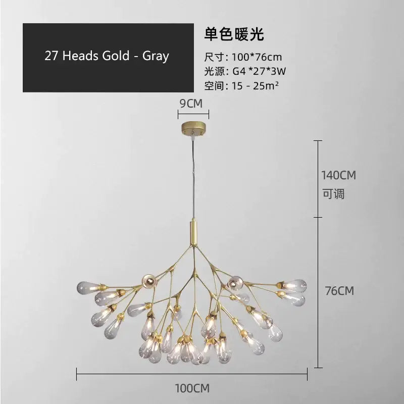 Modern gold elegant firefly chandelier with 27 clear glass bulbs in a branching design ideal for dining room decorbites elegant firefly