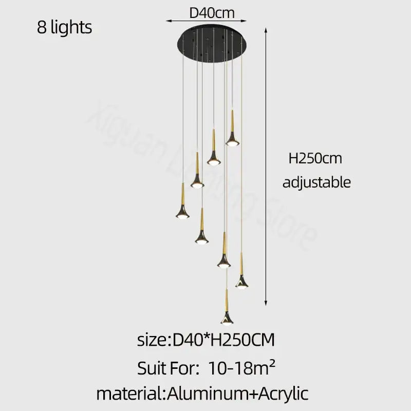 Modern black and gold decorbites elegant horn-shaped chandelier with eight adjustable lights for staircase living room decor