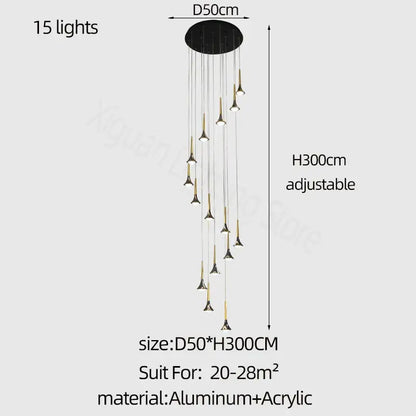 Modern black and gold decorbites elegant horn-shaped chandelier with 15 lights and 300cm adjustable height for staircases