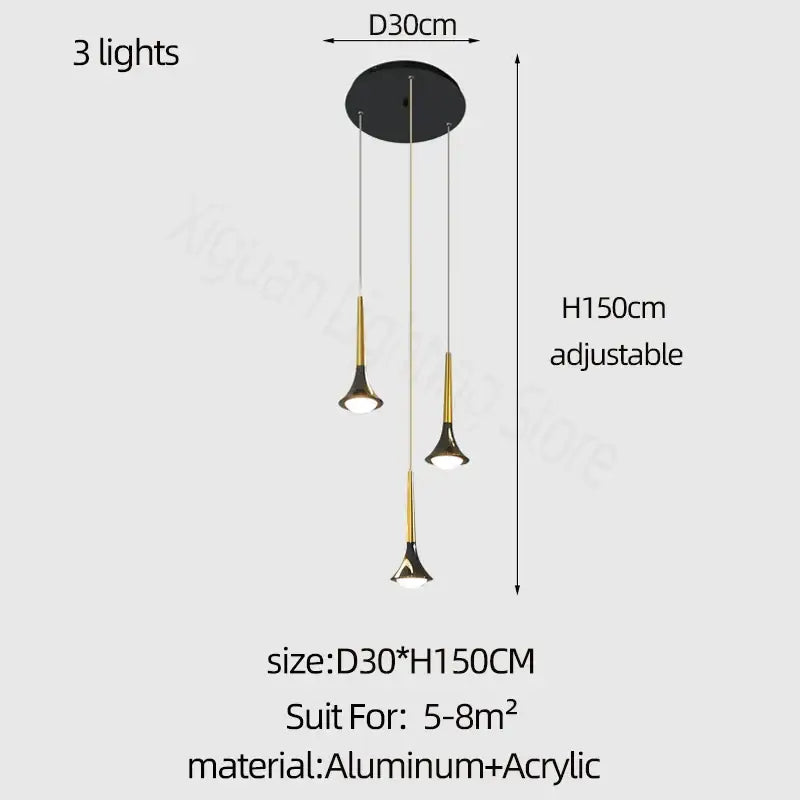 Modern gold elegant horn-shaped chandelier with three adjustable black and gold trumpet lamps on aluminum base for decorbites elegant decor