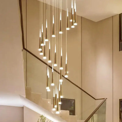 Modern gold elegant led ring chandelier featuring slender tapered pendant lights in a cascading arrangement for living room decorbites elegant led