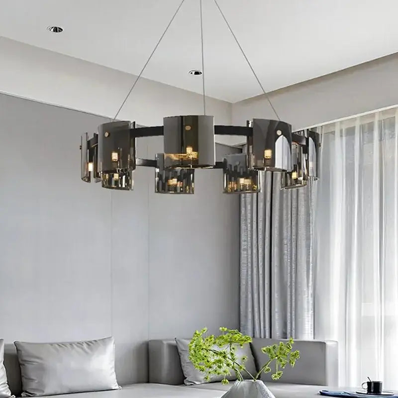 Modern gold elegant smoky glass chandelier with black and gold cylindrical shades for dining room decorbites elegant smoky