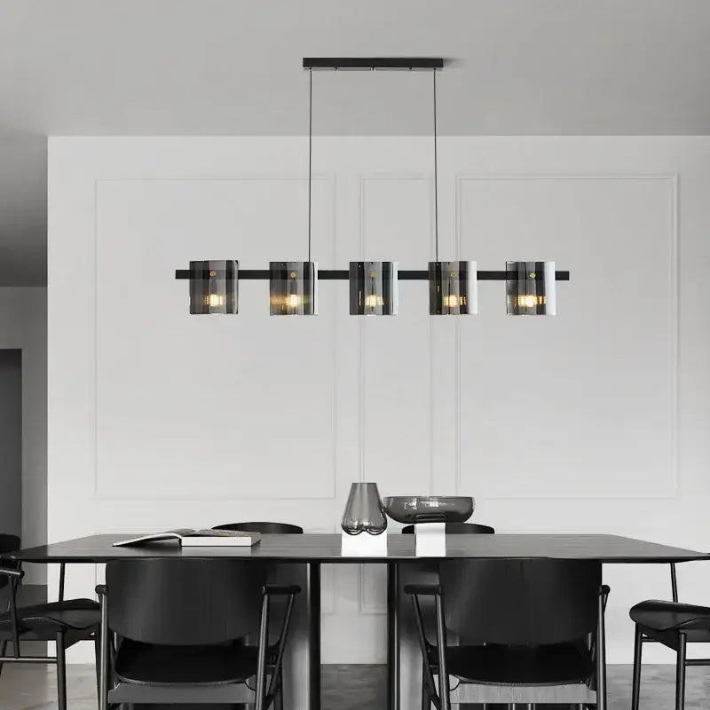 Modern gold elegant smoky glass chandelier with five cylindrical black metal shades for dining room decorbites elegant smoky