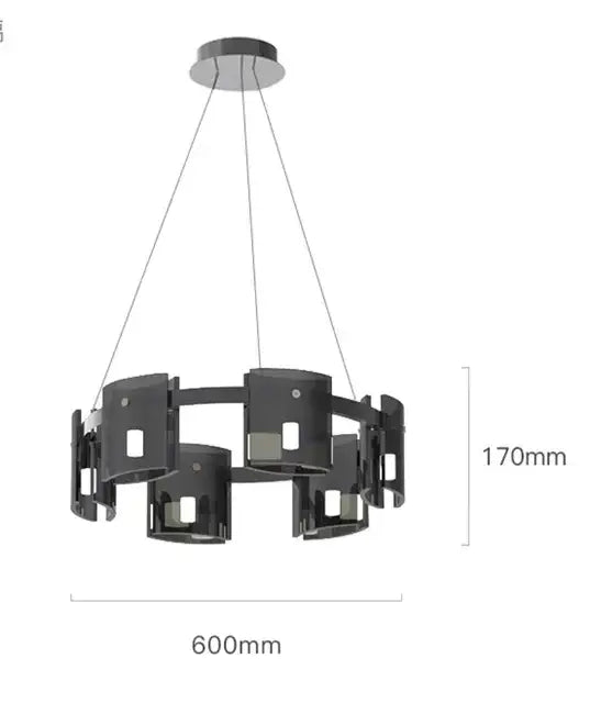 Modern black metal chandelier with circular design and rectangular fixtures complements decorbites elegant smoky glass decor