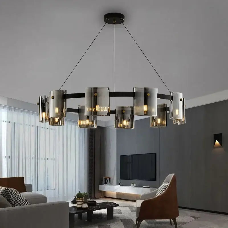 Modern black metal chandelier with elegant smoky glass cylindrical shades for sophisticated dining room decorbites smoky glass