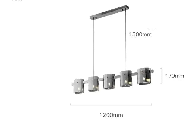 Modern chrome-finished linear pendant light with five cylindrical smoky glass shades for decorbites elegant smoky decor
