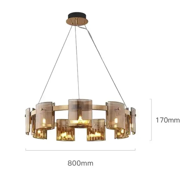 Modern gold elegant smoky glass chandelier with amber-tinted cylinders and metal accents for dining room decorbites elegant smoky