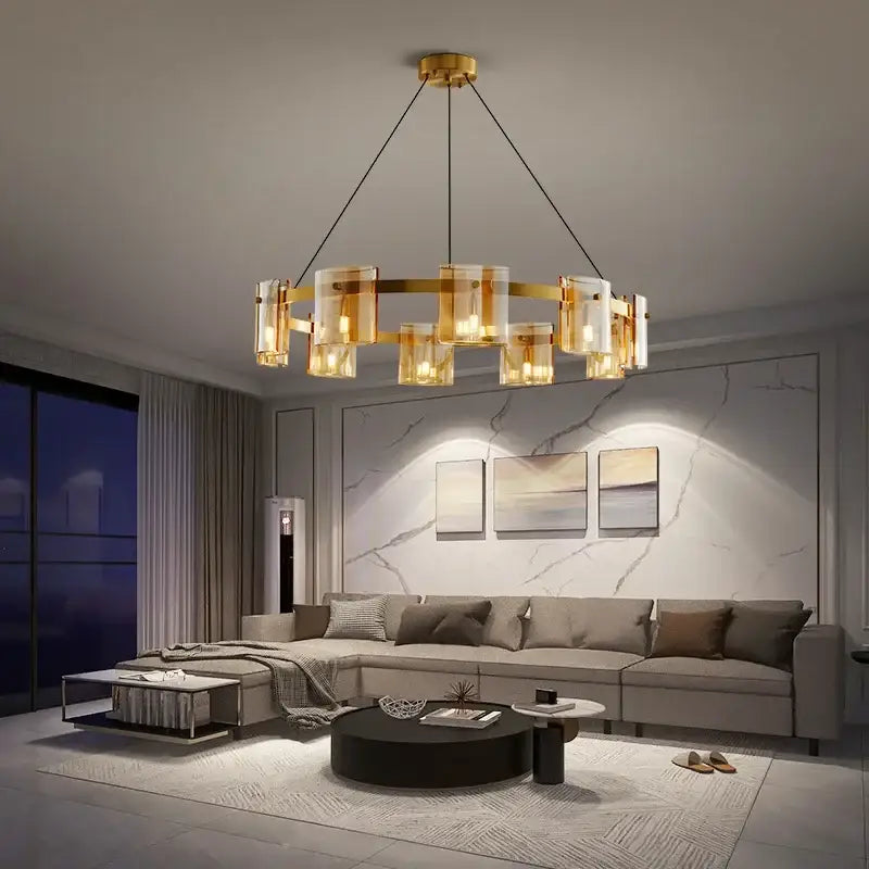 Modern gold elegant smoky glass chandelier with clear glass cylinders and warm glowing lights for dining room decorbites elegant smoky