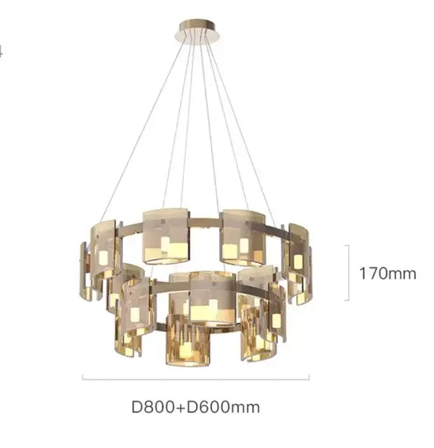 Modern gold elegant smoky glass chandelier with two-tiered gold metal frames and amber glass cylinders for dining room decor