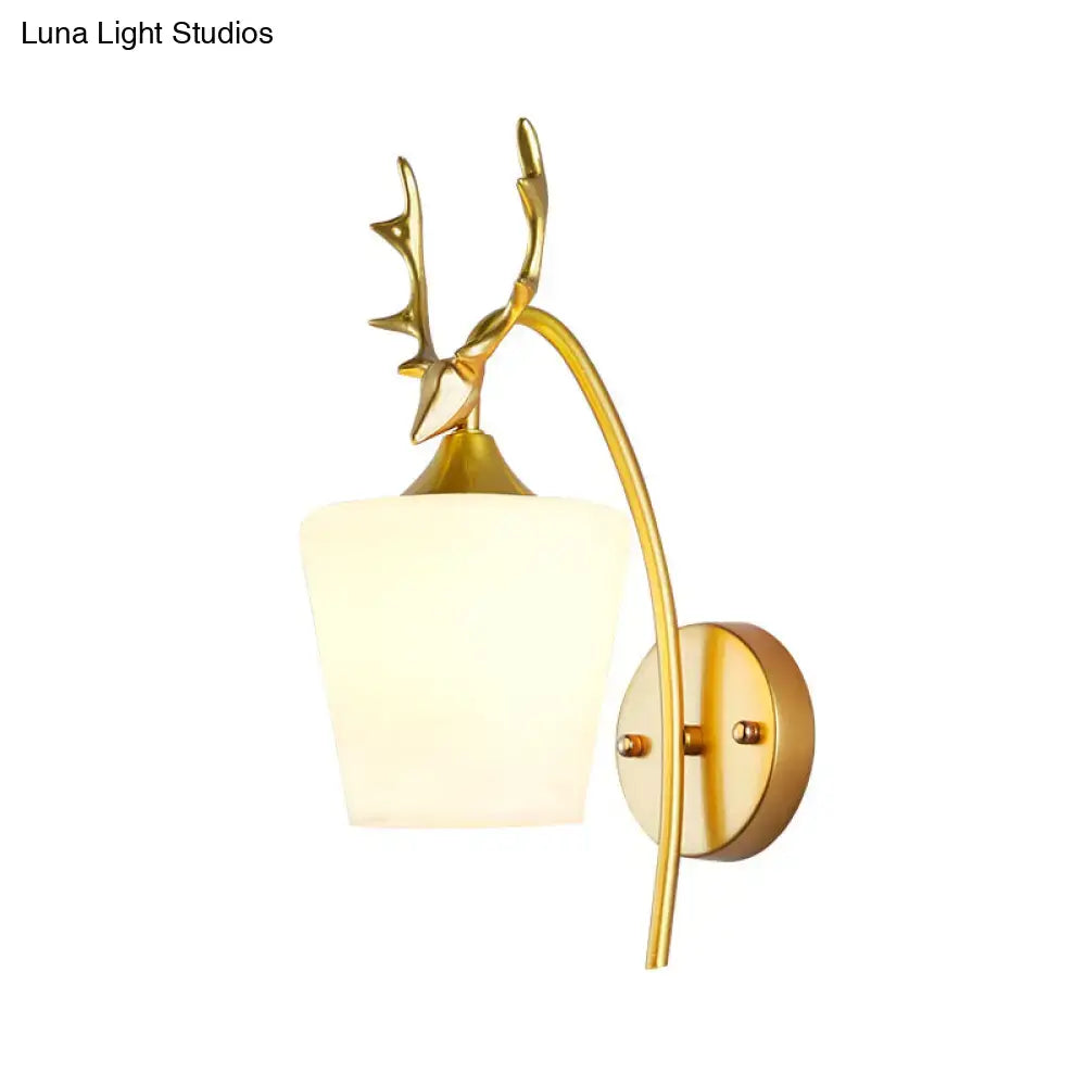 Modern gold elk led incandescent wall sconce with gold-toned deer antler design and frosted glass shade for bedroom lighting