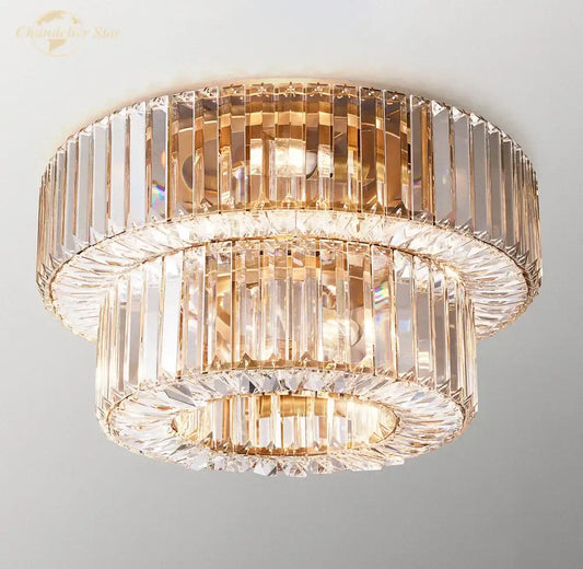 Modern gold elliana crystal tiered ceiling lamp with faceted glass rods and gold accents emitting warm bedroom lighting