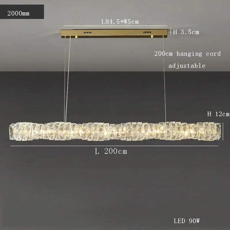 Modern gold elongated glass chandelier led ceiling light with crystal segments emitting warm light for dining room