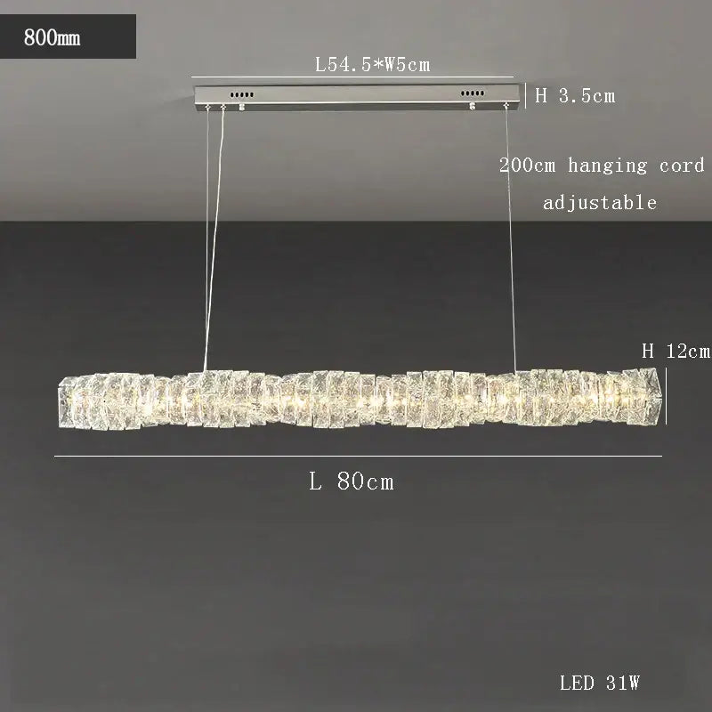 Modern gold elongated glass chandelier led ceiling light featuring a rectangular silver frame with cascading crystal segments