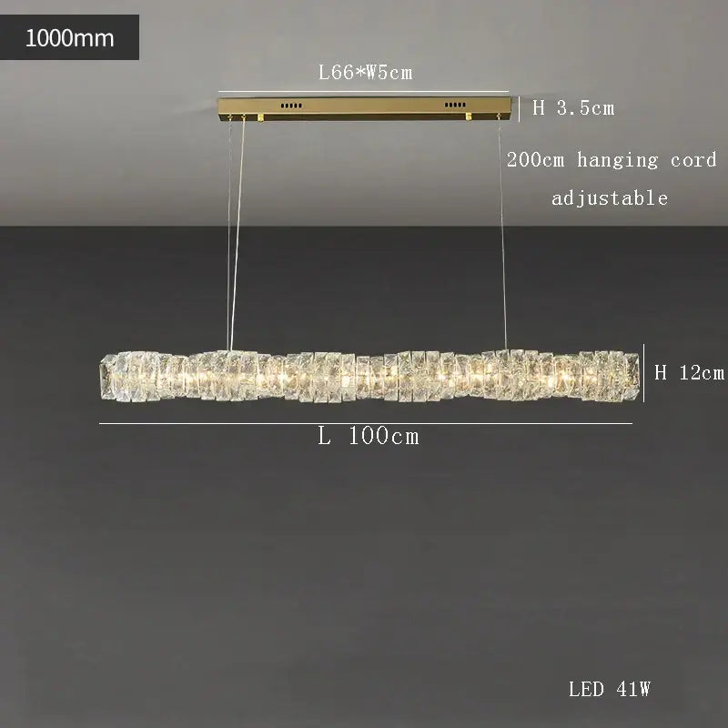 Modern gold elongated glass chandelier led ceiling light with clear crystal segments for dining room illumination