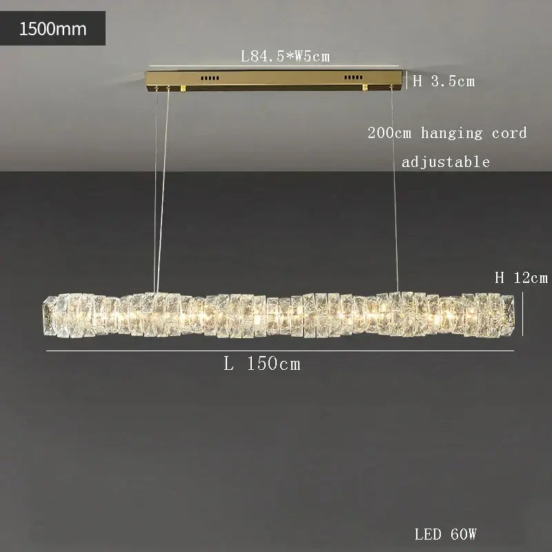 Modern gold elongated glass chandelier led ceiling light with crystal segments and warm light for dining room use