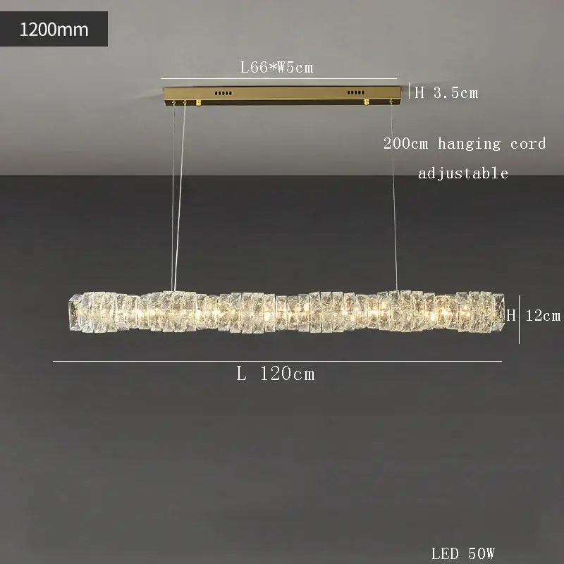 Modern gold elongated glass chandelier led ceiling light with crystal segments emitting warm led light for dining room
