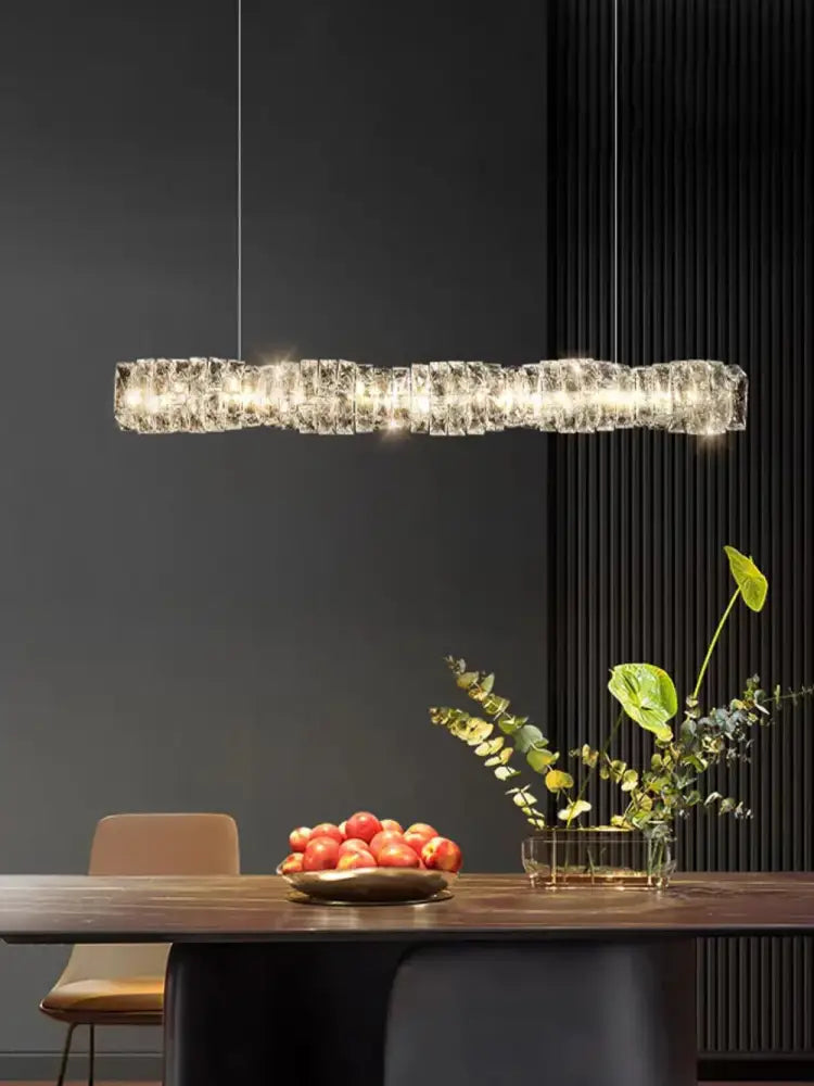 Modern gold elongated glass chandelier led ceiling light with textured glass design and warm LED illumination for dining room
