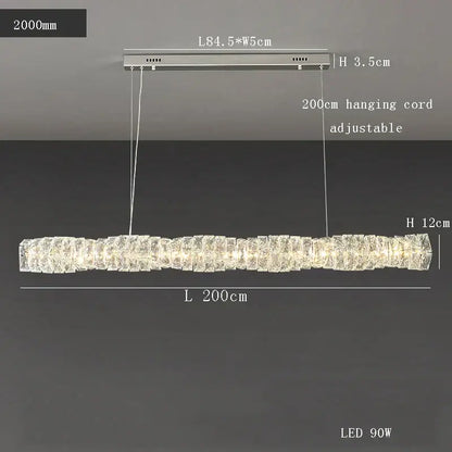 Modern gold elongated glass chandelier led ceiling light with textured crystal design and warm white light for dining room