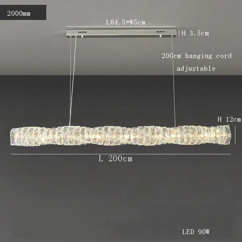 Modern gold elongated glass chandelier led ceiling light with textured crystal design and warm white light for dining room