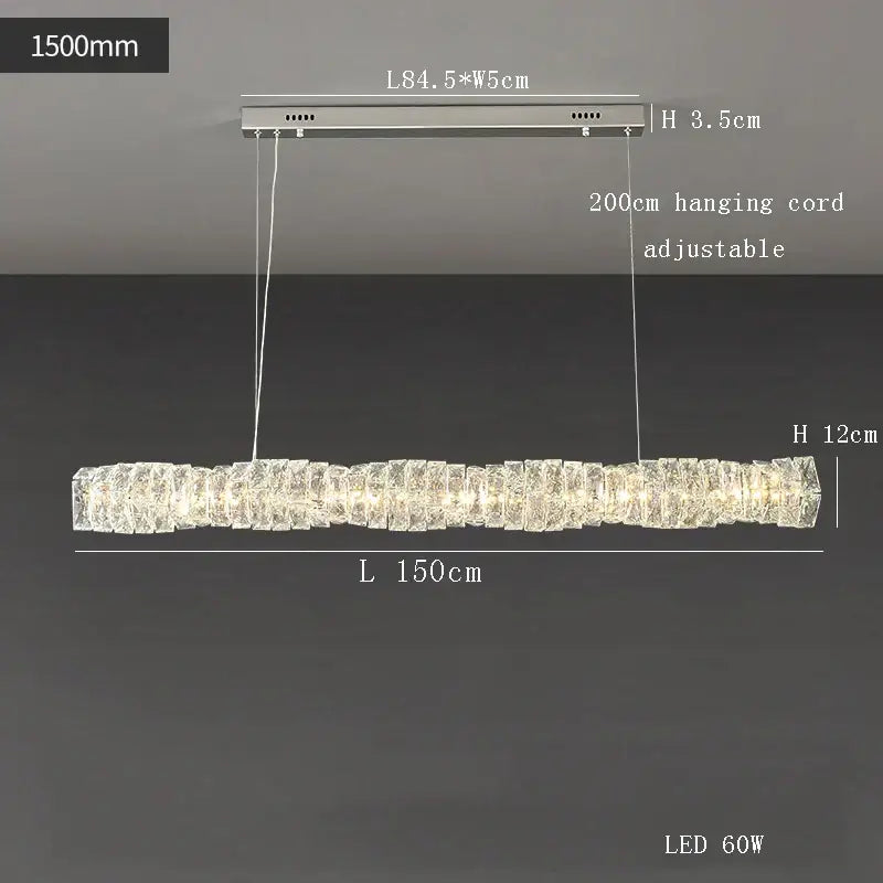 Modern gold elongated glass chandelier led ceiling light with a 150cm silver frame and clear crystal glass chandelier led segments