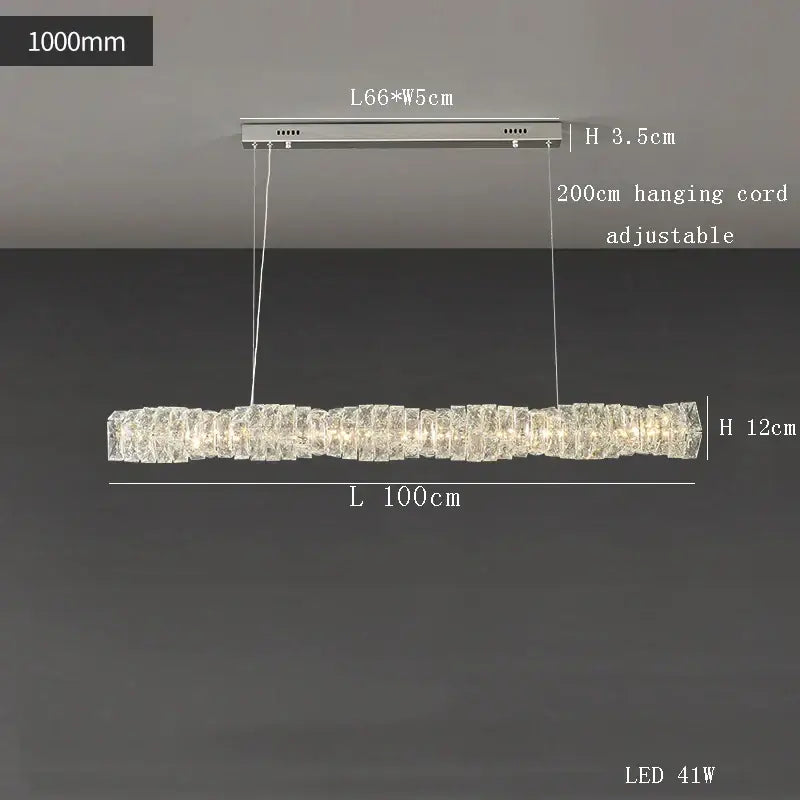 Modern gold elongated glass chandelier led ceiling light with textured crystal design and silver metal frame 100cm long