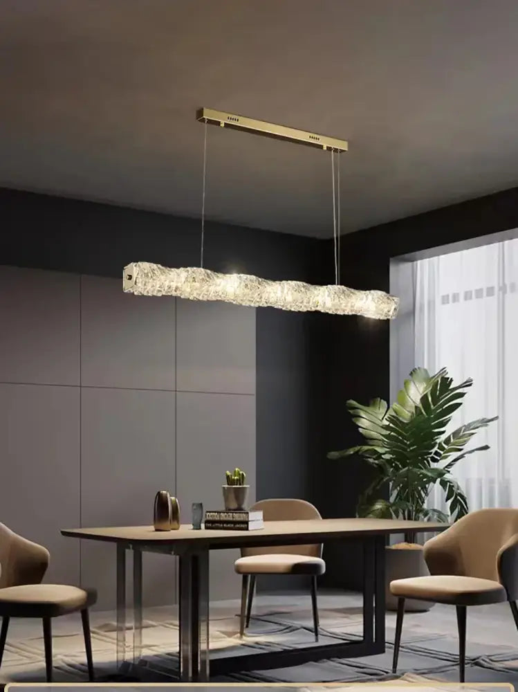 Modern gold elongated glass chandelier led ceiling light with a textured crystal-encrusted body for dining room
