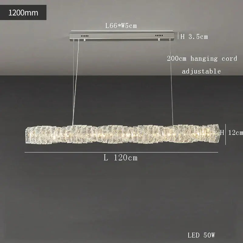 Modern gold elongated glass chandelier led ceiling light with a textured crystal design and adjustable hanging cord