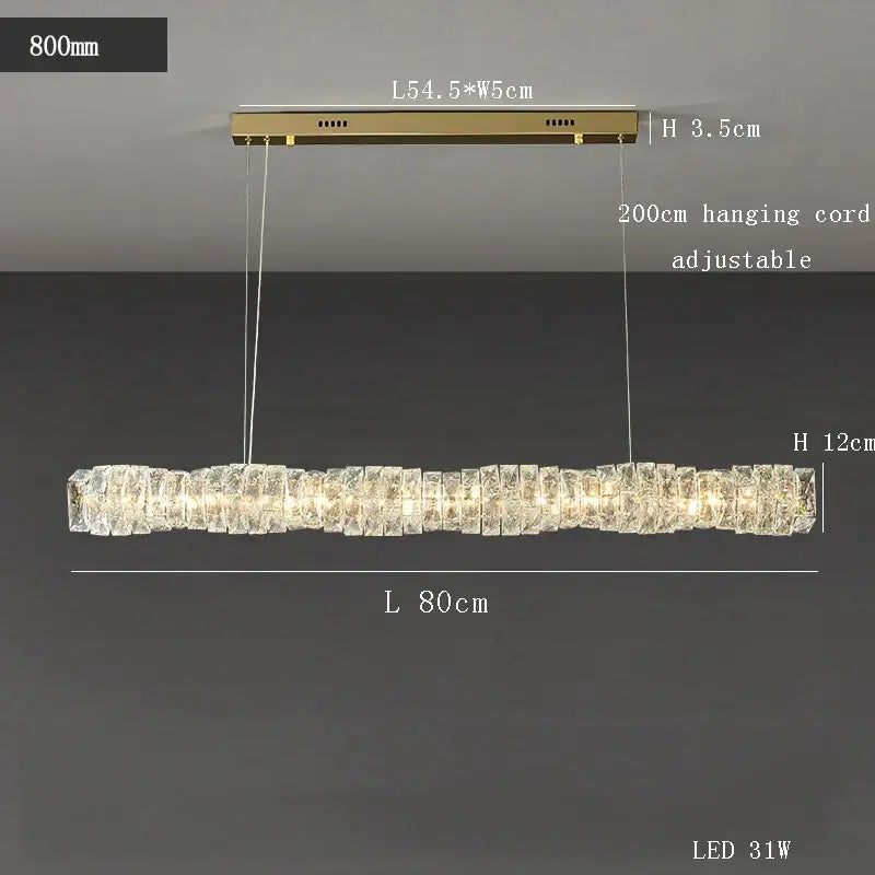 Modern gold elongated glass chandelier led ceiling light with rectangular crystal-encrusted body emitting warm light