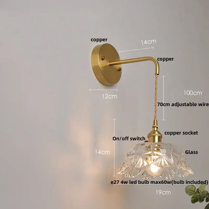 Antique brass-finished copper wall lamp with clear glass faceted shade and adjustable wire for modern bedroom wall light