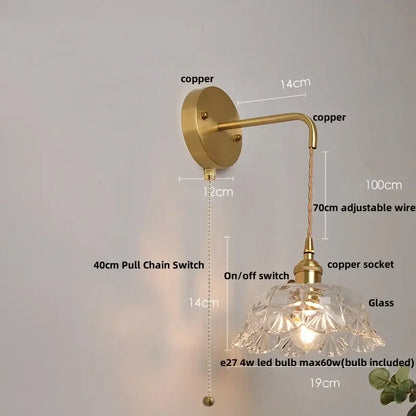 Copper-finished wall lamp with clear glass faceted shade and adjustable wire arm, perfect modern wall light for bedrooms